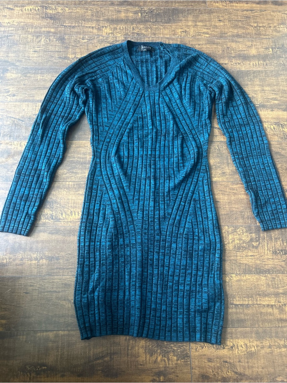 Teal Ribbed Knit V-Neck Sweater Dress